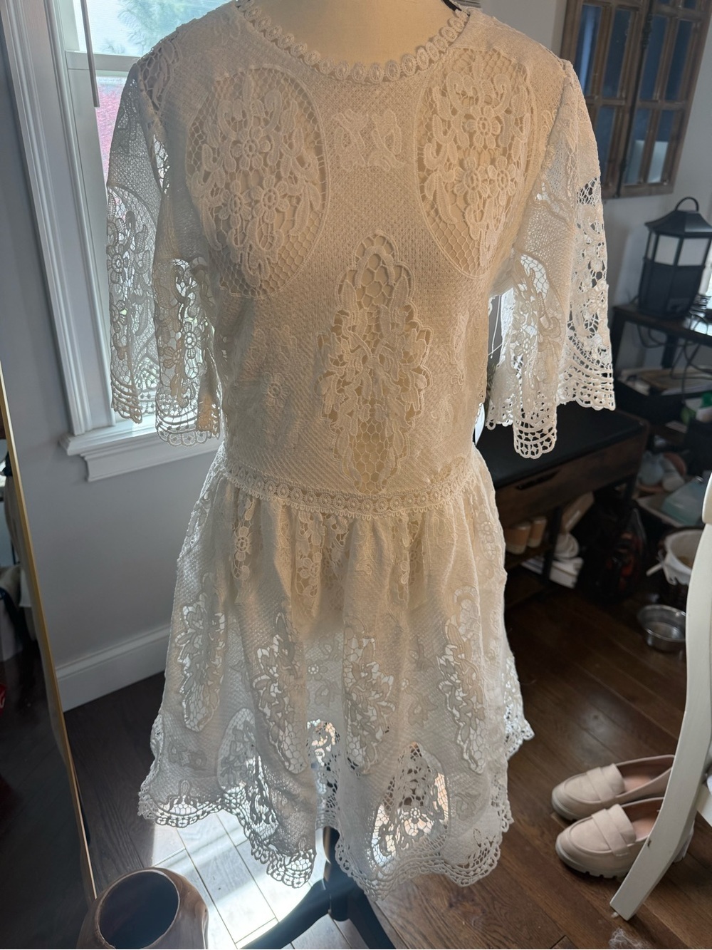 Blue Tassel White  Crochet Lace Short-Sleeve Mini Dress PTP 18 BNWT